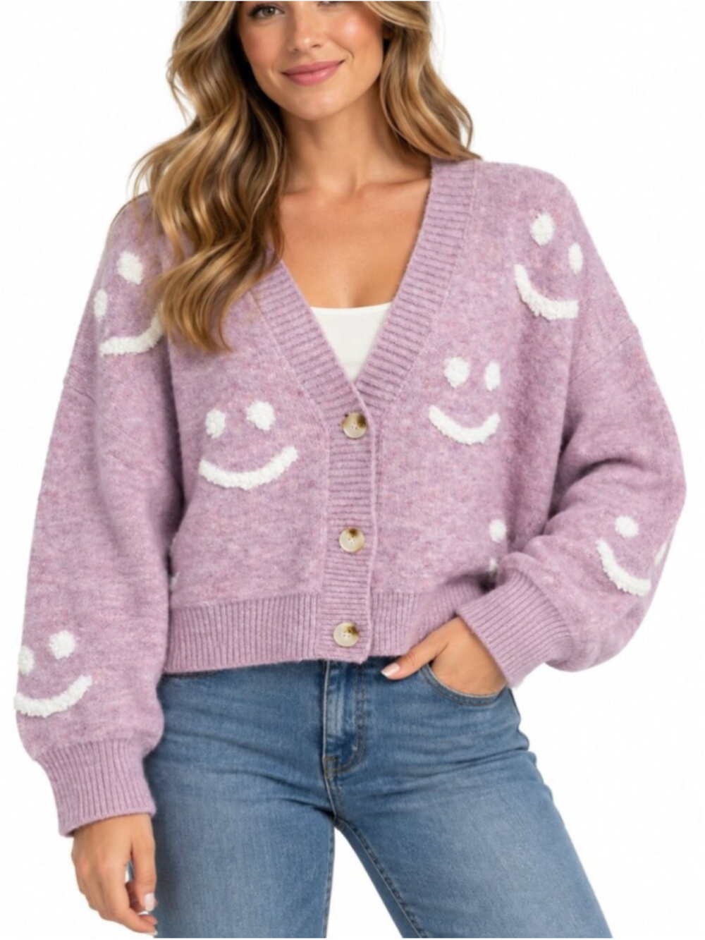 DREAMERS Smiley Face Knit Cardigan Lavender Purple Large Button Front Cozy Cute